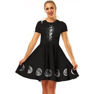 Women's 3D Moon Print Short Sleeve Casual Flared Swing Black Midi Dress